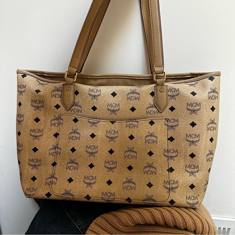 MCM Visetos Authentic Striped Tote Shoulder Bag | Beige Tan Pink| MED LG /DAMAGE - Picture 4 of 17
